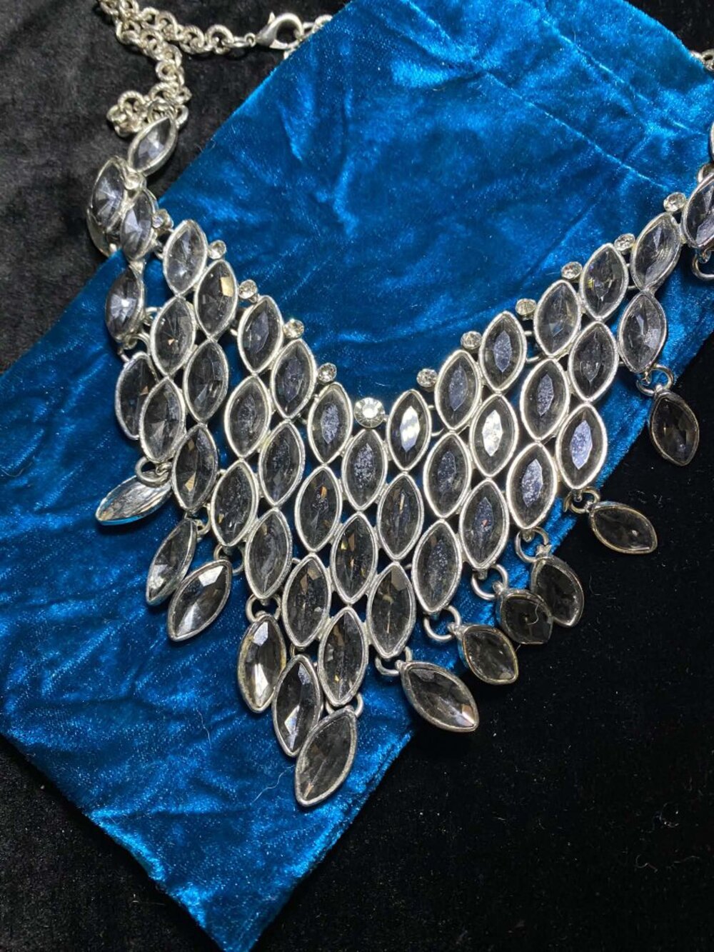 Vintage Statement Silver tone Bib Necklace Smokey Black Crystals Art Deco